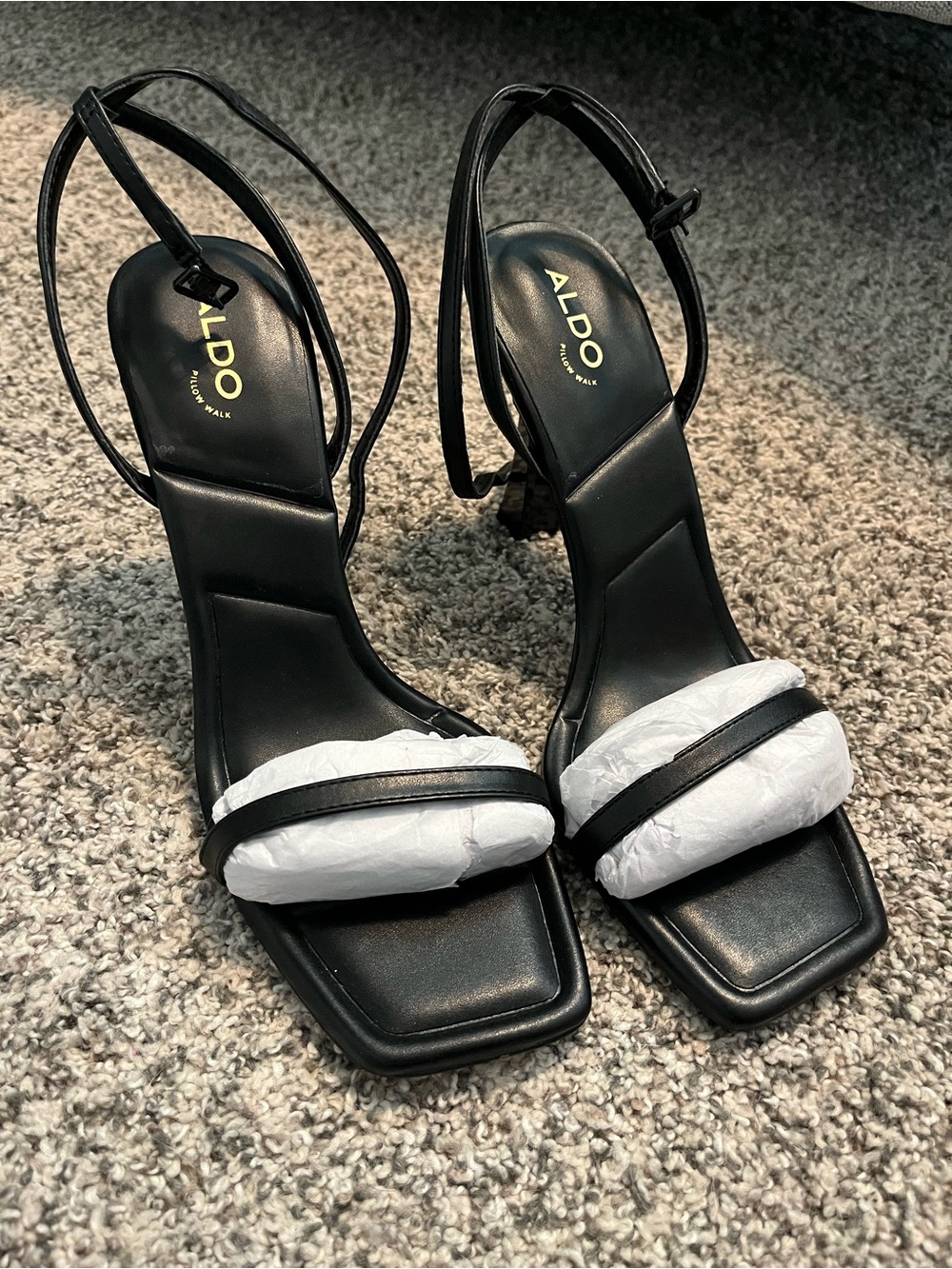 Aldo Black Strappy Square-Toe Heels with Thin Ankle Strap